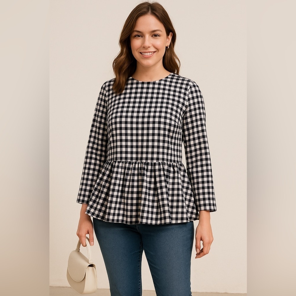 Gingham Victoria Beckham Boho Prairie Cottagecore Navy & White Top XS